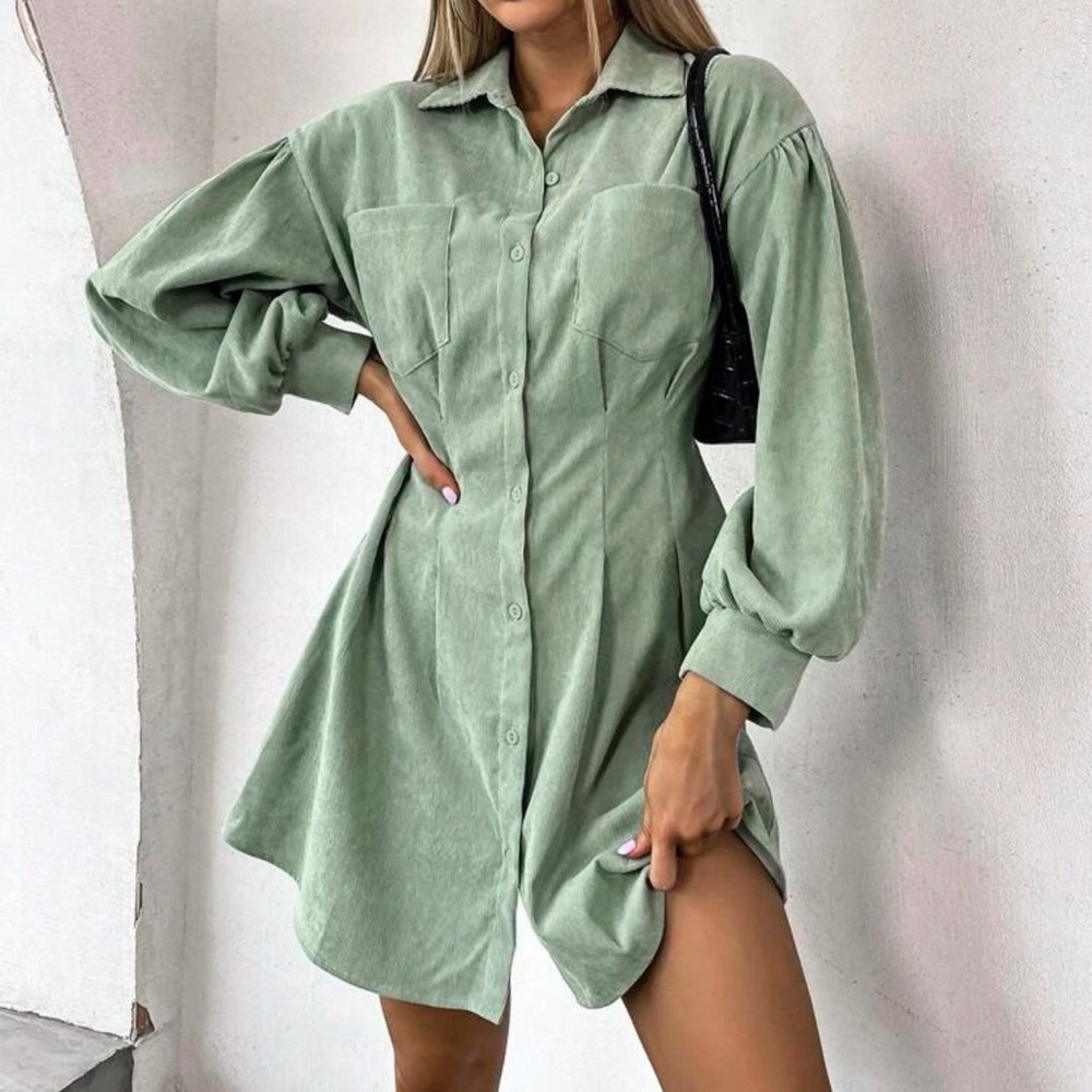 Green corduroy button down dress